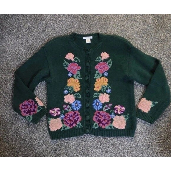 VTG Robin Sinklet Green Floral Button Down Cardigan Sweater Size Large - Picture 1 of 7